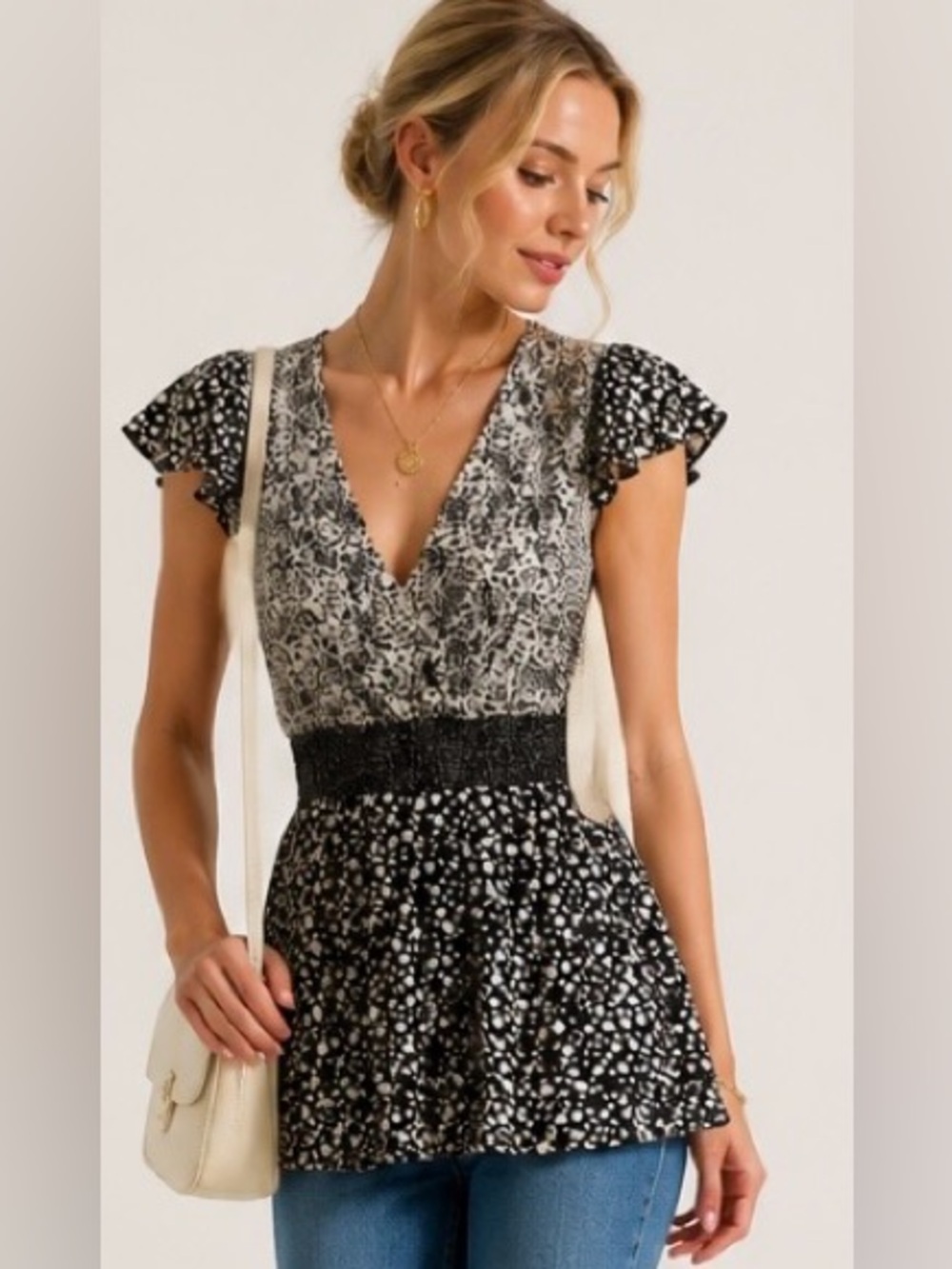 BARASCHI Anthropologie Tunic Knit Top Polka Dot V Neck Cap Flutter Sleeve Blouse